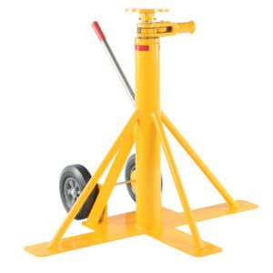 The Yellow aircraft tripod jack, with a red handle for easy lifting, matches the robustness of the Vestil Big Foot Stabilizing Jack 50K Lift Cap. Its design of vertical cylindrical support and two wheels enhances mobility, while wide metal legs ensure stability for up to 50K lift capacity.