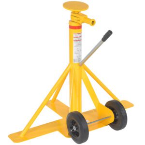 The Vestil Big Foot Stabilizing Jack 40K Lift Cap features a yellow hydraulic design, metal handle, two black wheels, and a triangular base for stability. It includes a round lifting pad at the top and an adjustment lever for ease of use.
