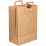 The MH-USA 12 x 7 x 17 grocery bag with flat handles stands upright, featuring a small arrow and black text below the top edge. Ideal for groceries and more. Comes in a case of 300.