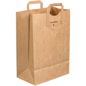 The MH-USA 12 x 7 x 17 grocery bag with flat handles stands upright, featuring a small arrow and black text below the top edge. Ideal for groceries and more. Comes in a case of 300.