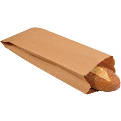 BGG102K.jpg A plain brown 4 1/2 x 2 1/2 x 16 Kraft grocery bag with a golden-brown crusty baguette sticking out, ideal for bakery needs. Sold in bundles of 500.