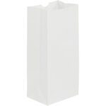An MH-USA 5 x 3 1/4 x 9 3/4 white grocery bag from a bundle of 500 stands against a light background, showcasing its rectangular base, folded side flaps, and open top, ready for use.