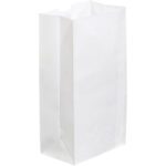 The MH-USA 6 x 3 5/8 x 11 White Grocery Bags, with a rectangular base and sharply creased edges, are perfect for packing food or small items. They stand upright on a plain background and come in bundles of 500.