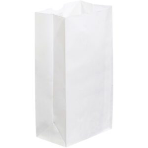 The MH-USA 6 1/8 x 4 x 12 3/8 white grocery bag, with its rectangular shape and crisp edges, stands upright against a white background. Its open top showcases a simple design perfect for carrying essentials.