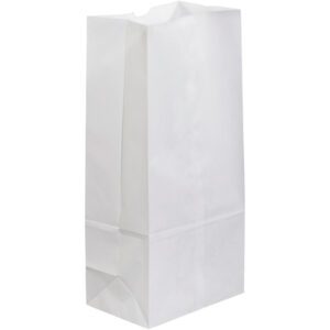 A single MH-USA 7 3/4 x 4 3/4 x 16 white grocery bag stands upright on a white background, displaying visible folds and creases that indicate it is empty and ready to join its companions in the case of 500.