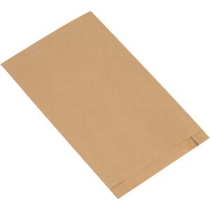 A 10 x 2 x 15 Kraft Gusseted Merchandise Bag lies flat on a white background, depicted from an angled perspective to showcase its gusseted rectangular shape and folded bottom edge. Perfect for packaging, these bags are sold in cases of 1000.