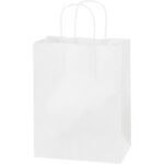 An MH-USA 8 x 4 1/2 x 10 1/4 white paper shopping bag with two thin handles stands upright against a neutral background.