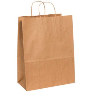 The 13 x 7 x 17 Kraft Paper Shopping Bag, with twisted handles, stands against a white background. Ideal for retailers or events, these plain brown bags are available in convenient cases of 250.