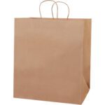 The 14 1/2 x 9 x 16 1/4 Kraft Paper Shopping Bags, featuring handles and a plain brown design against a white background, are perfect for any occasion and come in convenient cases of 200.