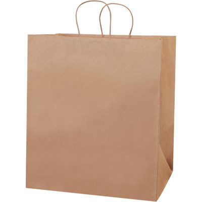 BGS107K.jpg The 14 1/2 x 9 x 16 1/4 Kraft Paper Shopping Bags, featuring handles and a plain brown design against a white background, are perfect for any occasion and come in convenient cases of 200.