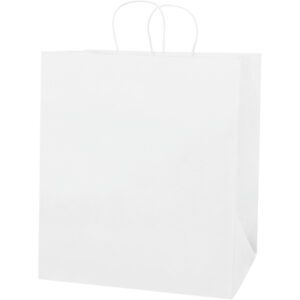 The MH-USA white paper shopping bags, measuring 14 1/2 x 9 x 16 1/4 inches, come in cases of 200. They feature sturdy twisted handles and a clean design, making them ideal for versatile retail use.