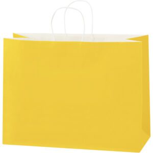 The MH-USA 16 x 6 x 12 Buttercup Tinted Shopping Bag, featuring a plain yellow hue and crisp white handles, stands out against a white background. Available in convenient cases of 250.
