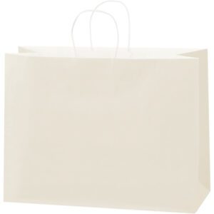 A plain, beige paper shopping bag with white twisted handles stands upright against a white backdrop, representing the elegance of MH-USA 16 x 6 x 12 French Vanilla Tinted Shopping Bags, sold in bulk cases of 250.