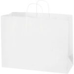 The MH-USA 16 x 6 x 12 White Paper Shopping Bags, available in cases of 250, feature a clean design with two handles and stand upright, making them versatile for various uses.