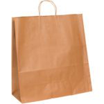 An 18 x 7 x 18 Kraft paper shopping bag with twisted handles stands upright against a plain white background, perfectly representing the product: 18 x 7 x 18 Kraft Paper Shopping Bags (200/Case).