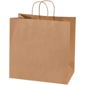 The 13 x 7 x 13 Kraft Shopping Bag is upright with twisted handles, crafted from natural brown paper. Perfect for any shopping trip, its displayed on a white background and available in cases of 250, meeting all your retail needs.