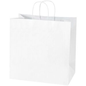 The MH-USA 13 x 7 x 13 White Shopping Bags, sold in cases of 250, stand upright against a white background and feature two twisted paper handles.
