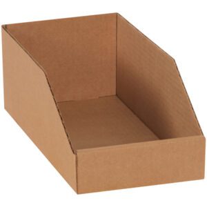 The 6 x 9 x 4 1/2 Kraft Bin Boxes (25/Bundle) are brown cardboard bins with a slanted opening, ideal for storage and organization, featuring sturdy corrugated edges.