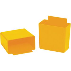 The MH-USA Yellow Shelf Bin Cups, sold in cases of 48, include two plastic wall-mounted containers: one upright and one sideways, each with a flat tab for easy attachment.