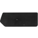 A black, rectangular plastic item with rounded edges and a central button mirrors the design of MH-USA 6 5/8 x 2 3/4 Stack & Hang Bin Dividers, featuring faint surface markings suggesting multifunctional use.