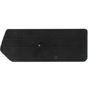 A black, rectangular plastic item with rounded edges and a central button mirrors the design of MH-USA 6 5/8 x 2 3/4 Stack & Hang Bin Dividers, featuring faint surface markings suggesting multifunctional use.