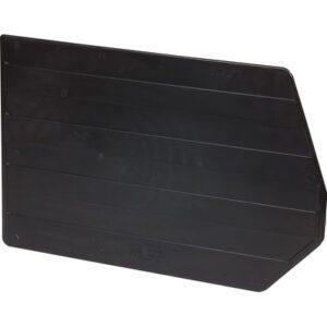 A black, rectangular plastic piece resembling MH-USA 17 x 10 1/4 Stack & Hang Bin Dividers (6/Case) with a diagonal cut on one corner features horizontal ridges and small round indentations.