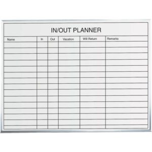 The MH-USA 3 x 2 In/Out Staff Dry Erase Board features IN/OUT PLANNER at the top and columns for Name, In, Out, Vacation, Will Return, and Remarks, with multiple blank rows for staff entries.