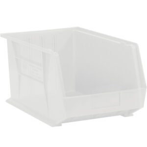 The MH-USA Clear Plastic Stack & Hang Bin Boxes, measuring 5 3/8 x 4 1/8 x 3, have an open front and reinforced sides for efficient storage and organization. Each case includes 24 stackable bins for easy item access.
