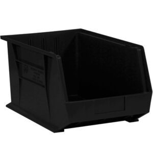The MH-USA 5 3/8 x 4 1/8 x 3 Black Plastic Stack & Hang Bin Boxes offer a sleek, rectangular design with an open front and reinforced sides for durability, making them ideal for organizing small to medium items. Sold in cases of 24 bins for convenience.