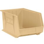 The MH-USA 5 3/8 x 4 1/8 x 3 Ivory Plastic Stack & Hang Bin Boxes, featuring ribbed sides for extra strength, come with an open front for easy access and a small label area. They are available in cases of 24 bins.