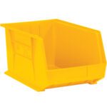 The MH-USA Yellow Plastic Stack & Hang Bin Boxes (5 3/8 x 4 1/8 x 3) on a white background are ideal for organizing small items with an open front and solid sides. Available in cases of 24, they seamlessly blend style and function.