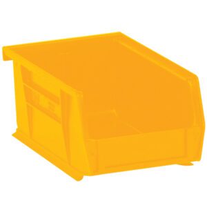 The MH-USA 7 3/8 x 4 1/8 x 3 yellow plastic stack & hang bin boxes feature an open front for easy access. Rectangular and stackable, they are ideal for organizing small items, with each case containing 24 bins.