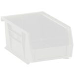 The MH-USA 9 1/4 x 6 x 5 Clear Plastic Stack & Hang Bin Boxes feature a stylish open-front, rectangular design with sloped sides, ideal for organizing on shelves. Available in cases of 12 for efficient storage solutions.
