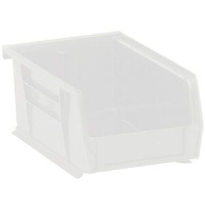 The MH-USA 9 1/4 x 6 x 5 Clear Plastic Stack & Hang Bin Boxes feature a stylish open-front, rectangular design with sloped sides, ideal for organizing on shelves. Available in cases of 12 for efficient storage solutions.