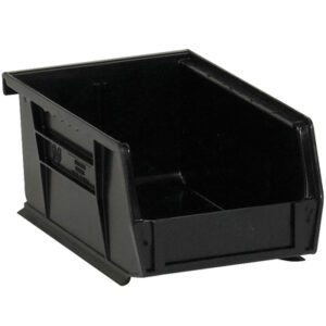 The MH-USA 9 1/4 x 6 x 5 black plastic stack & hang bin boxes have an open front and raised sides for organizing small items, sold in cases of 12 bins, ideal for any workspace.