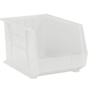The MH-USA clear plastic stack & hang bin boxes, measuring 10 3/4 x 8 1/4 x 7, feature a semi-transparent rectangular design with an open front and reinforced edges. Available in light gray and sold as a set of six bins per case, these lightweight boxes are ideal for organizing small items.