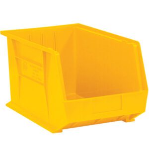 The MH-USA 10 3/4 x 8 1/4 x 7 yellow plastic stack & hang bin boxes, with six bins per case, feature an open front and reinforced sides ideal for organizing items. The white background highlights their sturdy construction and functional design.