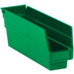 The MH-USA 11 5/8 x 2 3/4 x 4 Green Plastic Shelf Bin Boxes (36 Bins/Case) have an open front and slanted top, ideal for organizing small items with easy access.
