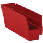 The MH-USA 11 5/8 x 2 3/4 x 4 red plastic shelf bin boxes feature a sleek rectangular design with an open front, slanted top, and solid base for easy access and efficient small item storage. Each case includes 36 bins.