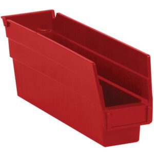 The MH-USA 11 5/8 x 2 3/4 x 4 red plastic shelf bin boxes feature a sleek rectangular design with an open front, slanted top, and solid base for easy access and efficient small item storage. Each case includes 36 bins.