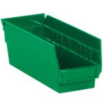 The MH-USA 11 5/8 x 4 1/8 x 4 green plastic shelf bin boxes feature an open top, slanted front, and slightly textured sides for easy labeling. They have a stacking ridge and come in sets of 36 bins per case, perfect for organizing small items.