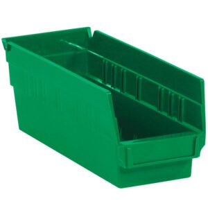 The MH-USA 11 5/8 x 4 1/8 x 4 green plastic shelf bin boxes feature an open top, slanted front, and slightly textured sides for easy labeling. They have a stacking ridge and come in sets of 36 bins per case, perfect for organizing small items.