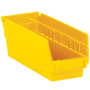The MH-USA 11 5/8 x 4 1/8 x 4 yellow plastic shelf bin boxes offer an open top and slanted sides for easy access. Featuring a front label holder and stackable design, they are perfect for efficient organization. Sold in cases of 36 bins.