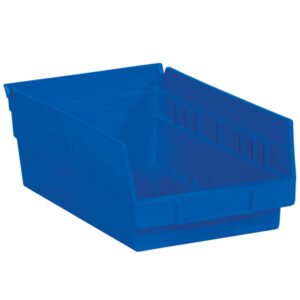 The MH-USA 11 5/8 x 6 5/8 x 4 blue plastic shelf bin, available in a case of 30, features an open front and stackable design for organizing small items—ideal for efficient shelf management.