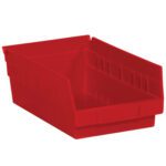 The MH-USA 11 5/8 x 6 5/8 x 4 Red Plastic Shelf Bin Boxes are stackable with a slanted top edge for organizing small items. Each case includes 30 bins to fit your storage needs.