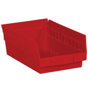 The MH-USA 11 5/8 x 6 5/8 x 4 Red Plastic Shelf Bin Boxes are stackable with a slanted top edge for organizing small items. Each case includes 30 bins to fit your storage needs.