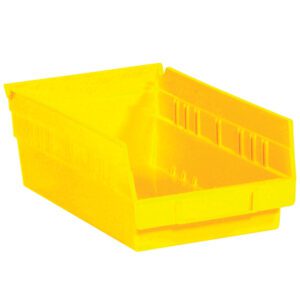 The MH-USA 11 5/8 x 6 5/8 x 4 yellow plastic shelf bin has an open front and ridged sides. Sold in cases of 30 bins, this stackable solution is ideal for organizing small items in workshops, garages, or storage areas.