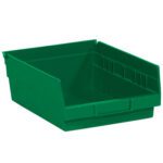 The MH-USA 11 5/8 x 8 3/8 x 4 green plastic shelf bin box, available in cases of 20 bins, features an open front for easy access. Its rectangular shape and sloped sides make it ideal for stacking and organizing items, offering a practical storage solution for any space.