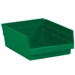 The MH-USA 11 5/8 x 8 3/8 x 4 green plastic shelf bin box, available in cases of 20 bins, features an open front for easy access. Its rectangular shape and sloped sides make it ideal for stacking and organizing items, offering a practical storage solution for any space.