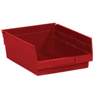 The MH-USA red plastic shelf bin boxes measure 11 5/8 x 8 3/8 x 4 and feature an open front with ridged sides, ideal for organizing small items. Stackable and equipped with a handle for easy access, theyre sold in cases of 20 bins for convenient storage solutions.
